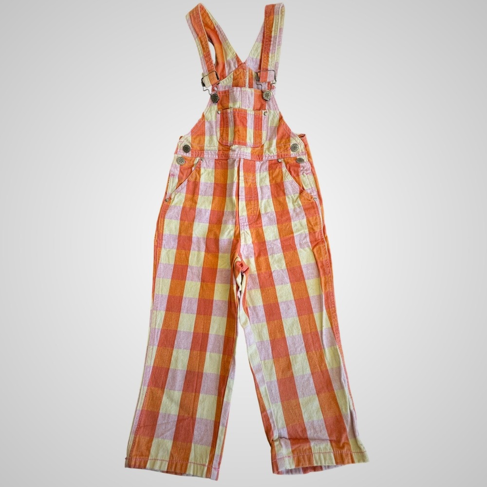 H&M Overalls Orange Pink Gingham Plaid Cotton Retro Kidcore Size 92 2T